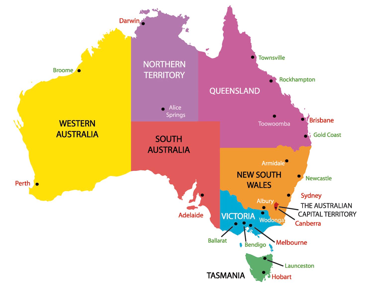 mapa australii z miastami Mapa Australii Ze Stanami I Miastami Mapa Australii Ze Stanami I Miastami Australia I Nowa Zelandia Oceania mapa australii z miastami